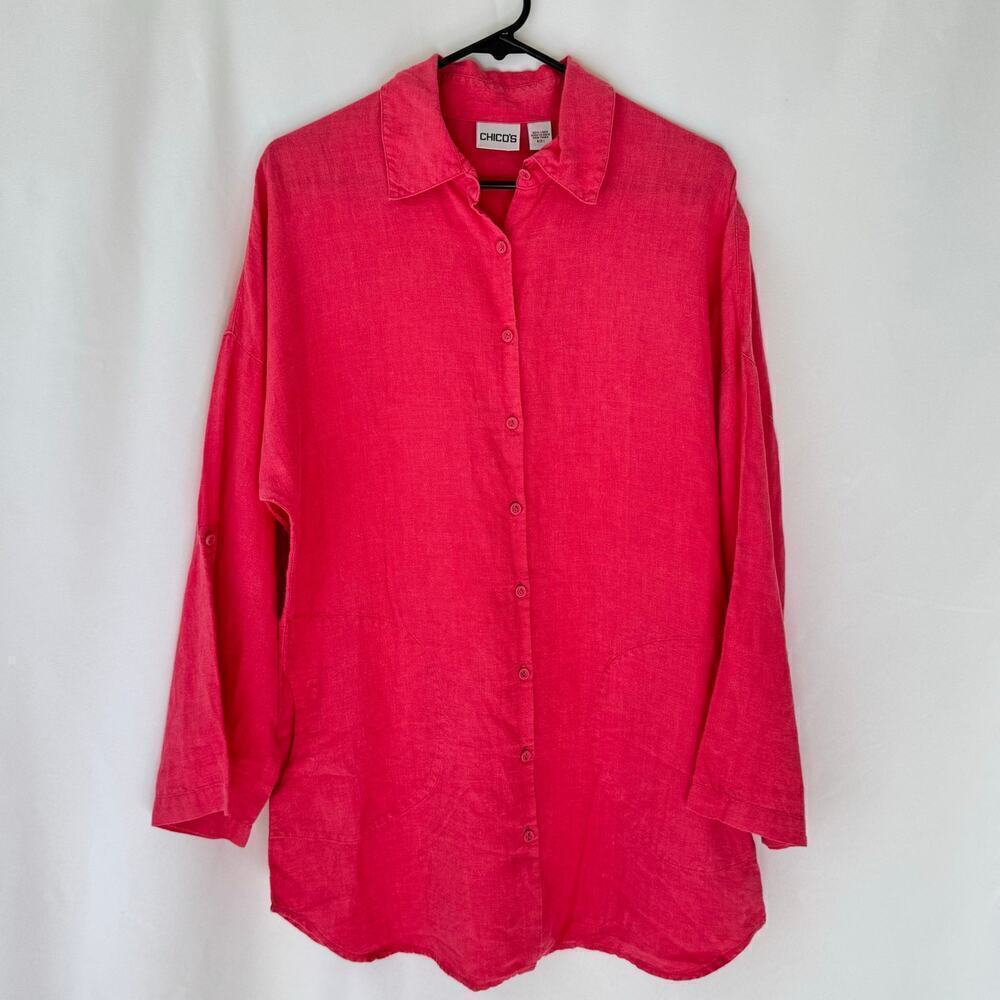 Chico's Womens Relaxed Fit Linen Tunic Top Beachy Coastal Roll Tab Euro Summer M